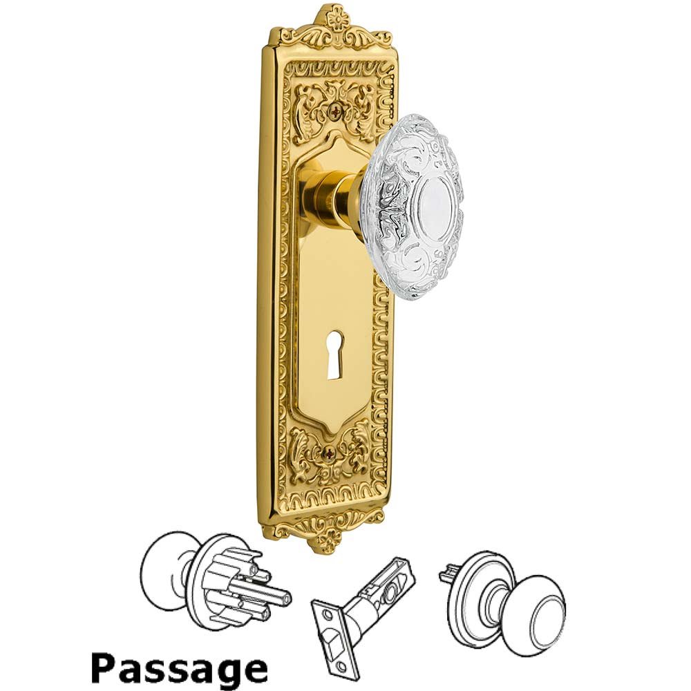 Passage - Egg & Dart Plate With Keyhole and Crystal Victorian Knob in Unlacquered Brass