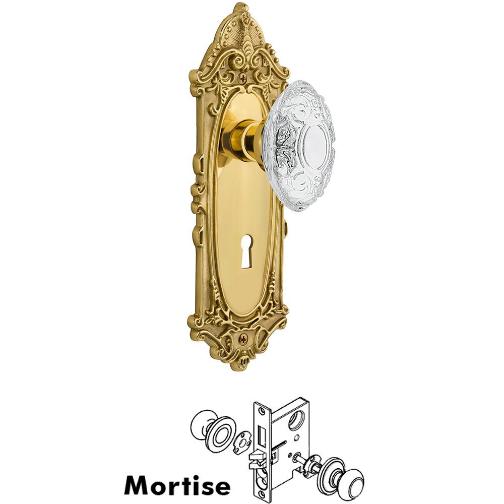 Mortise - Victorian Plate With Crystal Victorian Knob in Polished Brass