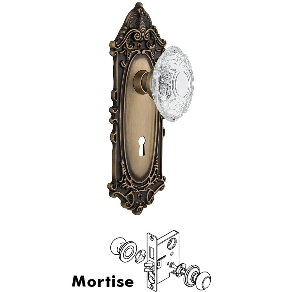 Mortise - Victorian Plate With Crystal Victorian Knob in Antique Brass