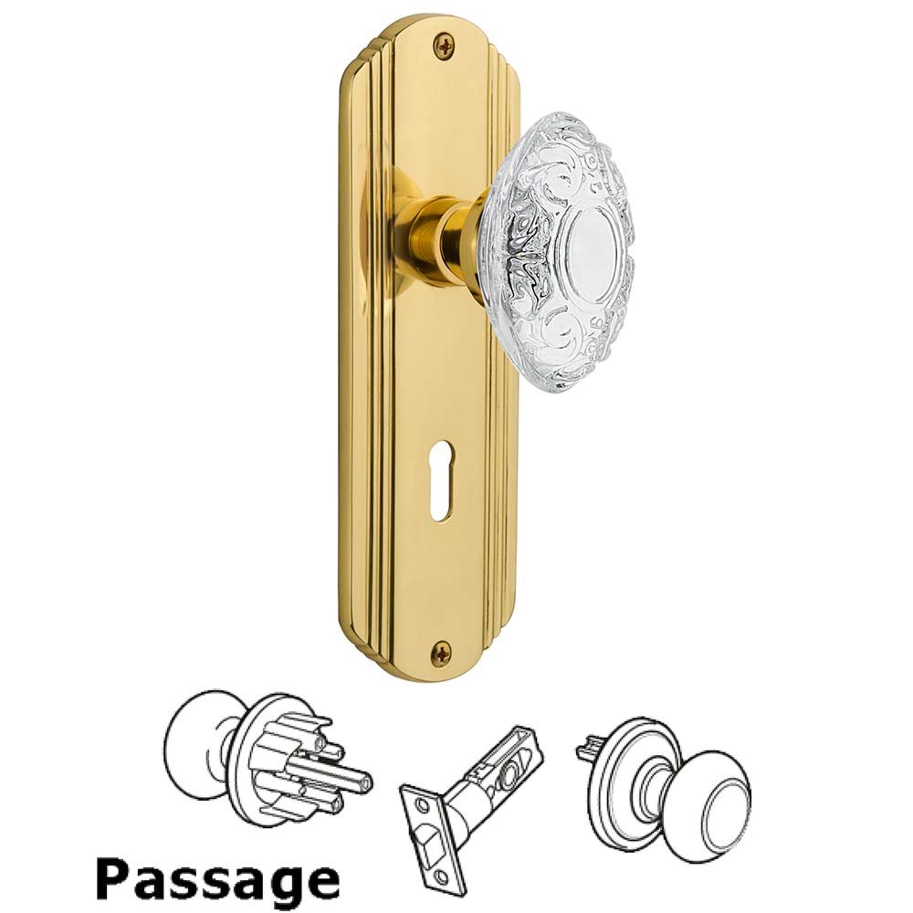 Passage - Deco Plate With Keyhole and Crystal Victorian Knob in Unlacquered Brass