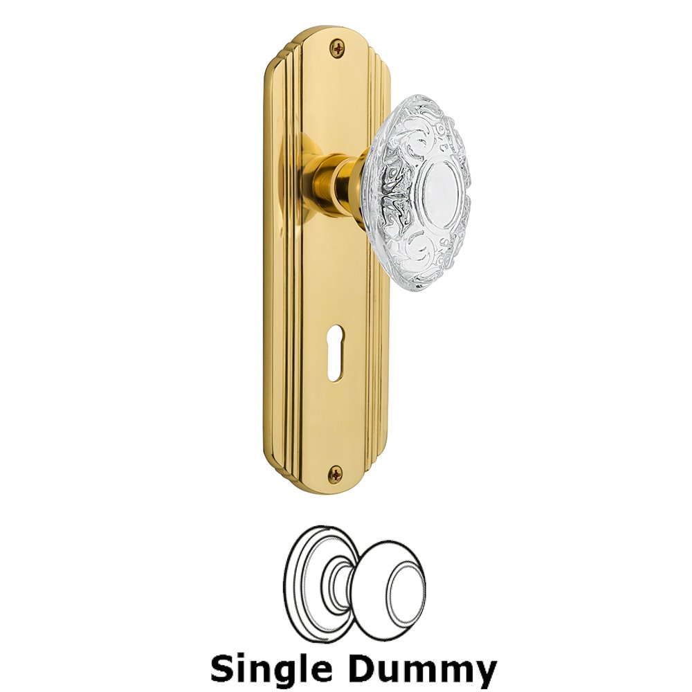 Single Dummy - Deco Plate With Keyhole and Crystal Victorian Knob in Polished Brass