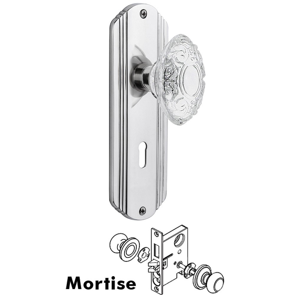Mortise - Deco Plate With Crystal Victorian Knob in Bright Chrome