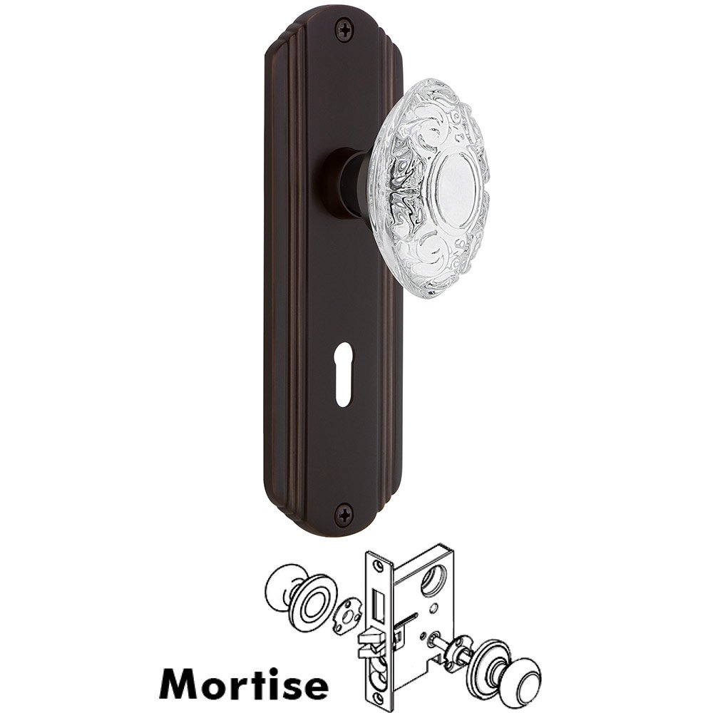 Mortise - Deco Plate With Crystal Victorian Knob in Timeless Bronze