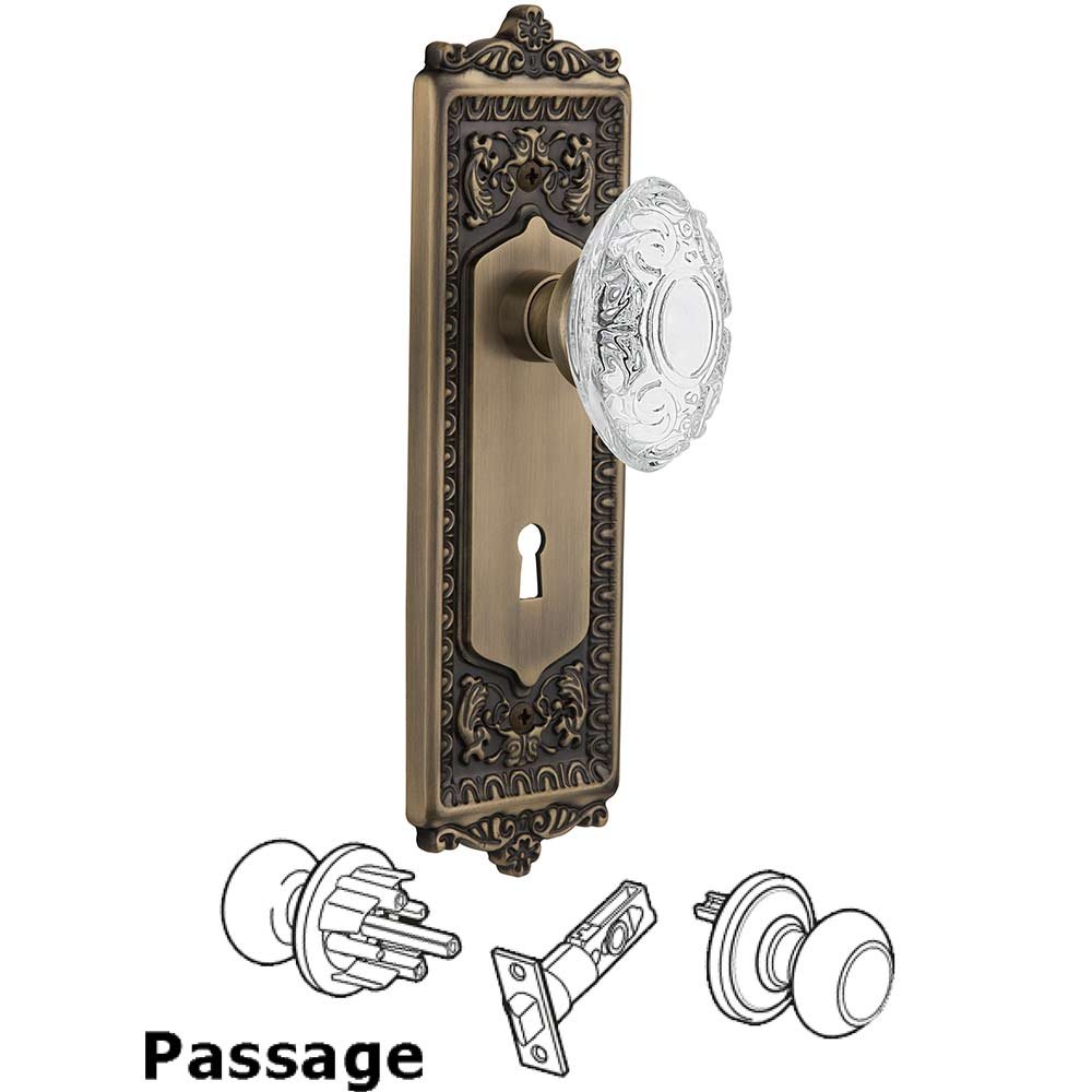 Passage - Egg & Dart Plate With Keyhole and Crystal Victorian Knob in Antique Brass