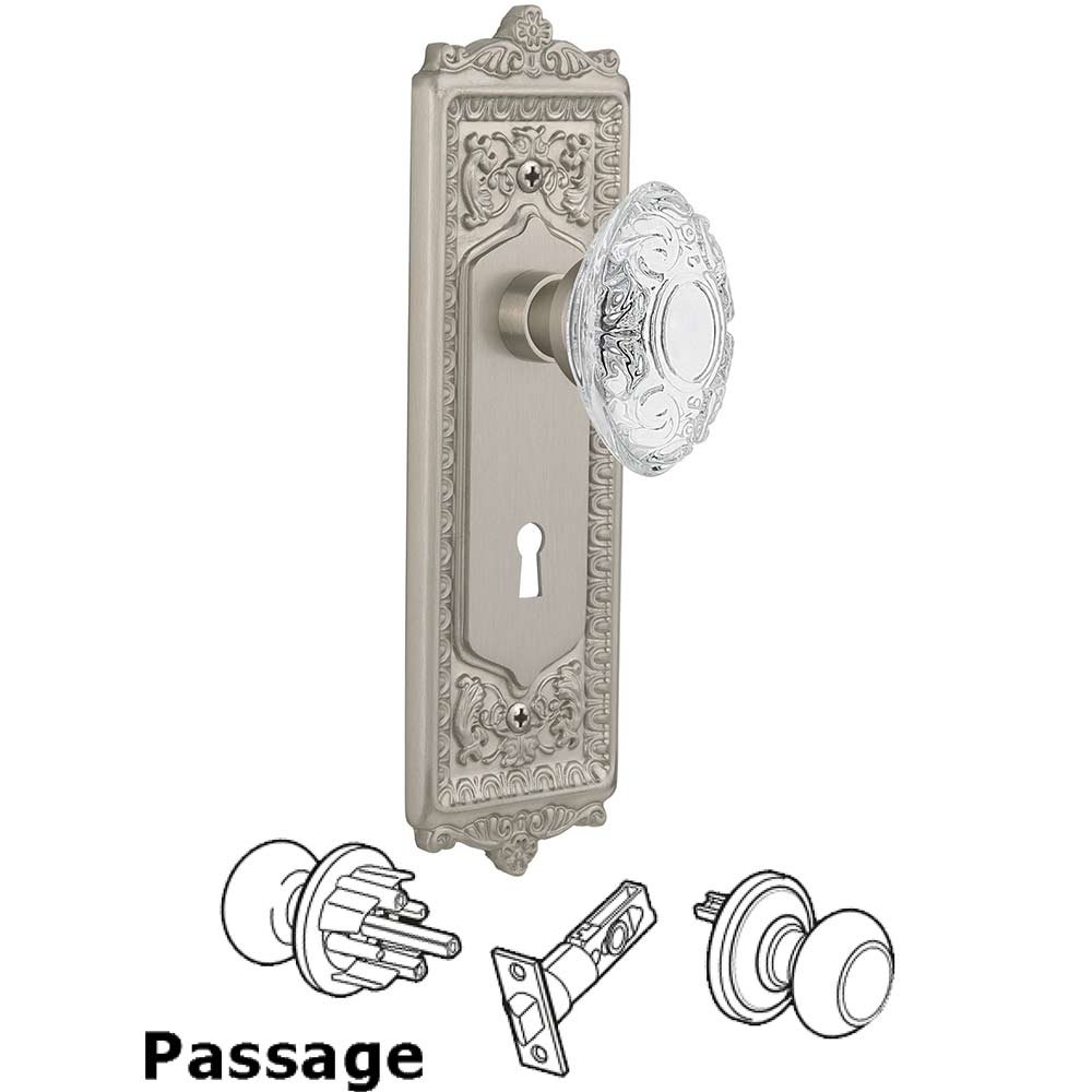 Passage - Egg & Dart Plate With Keyhole and Crystal Victorian Knob in Satin Nickel