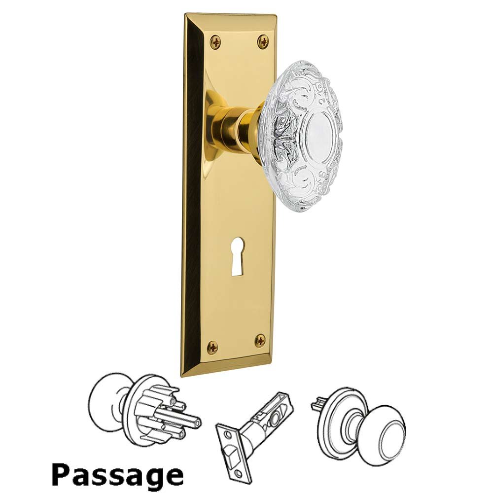 Passage - New York Plate With Keyhole and Crystal Victorian Knob in Unlacquered Brass