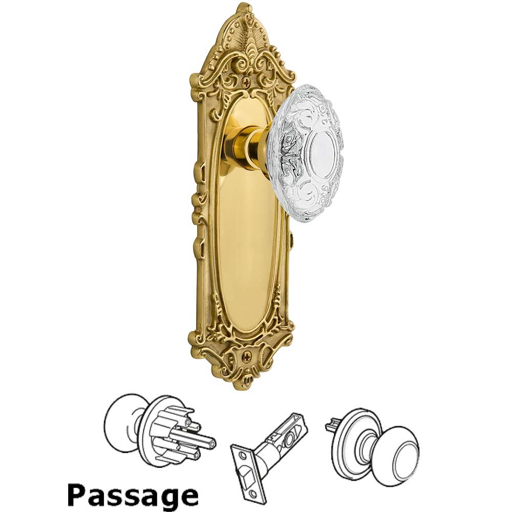 Passage - Victorian Plate With Crystal Victorian Knob in Polished Brass