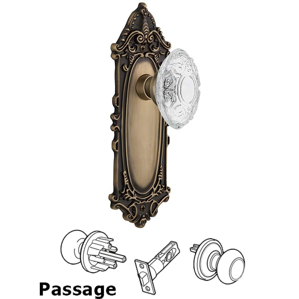 Passage - Victorian Plate With Crystal Victorian Knob in Antique Brass