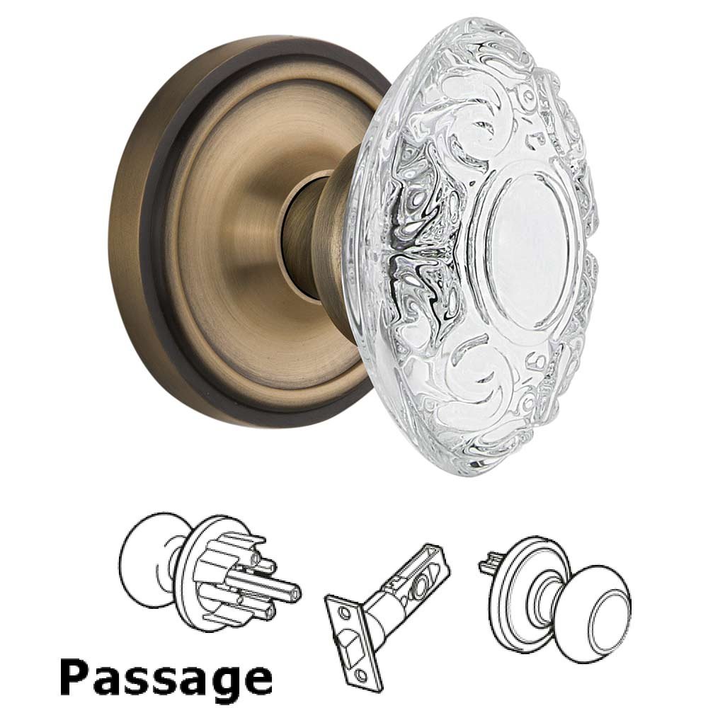 Passage - Classic Rosette With Crystal Victorian Knob in Antique Brass