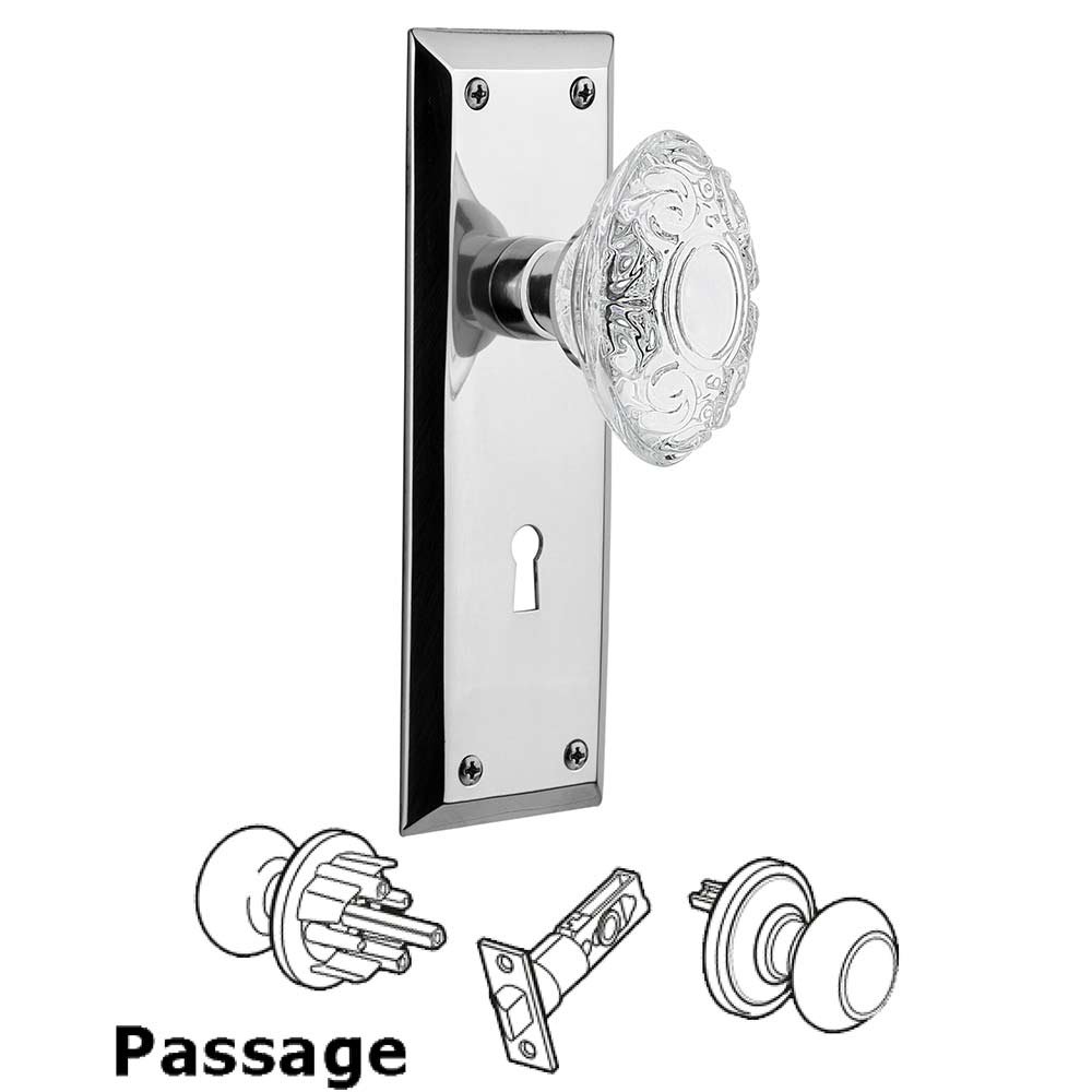 Passage - New York Plate With Keyhole and Crystal Victorian Knob in Bright Chrome