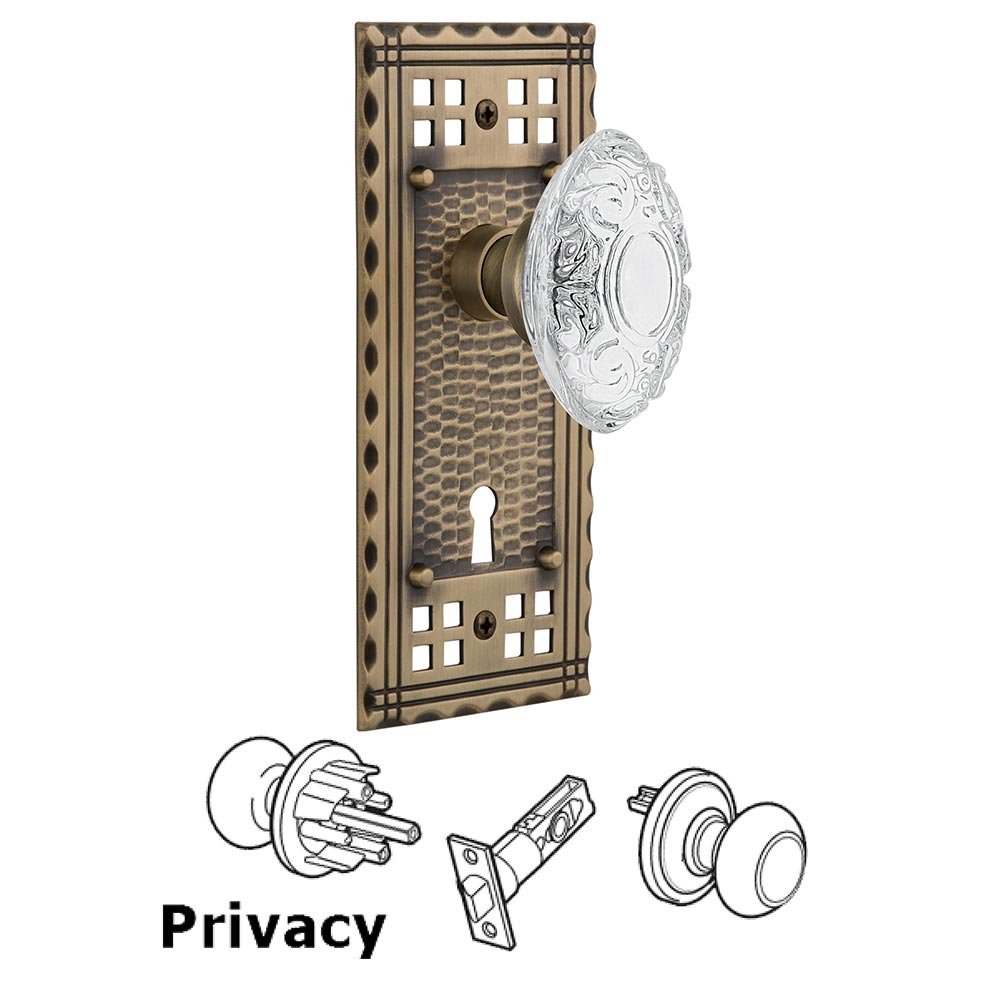 Privacy - Craftsman Plate With Keyhole and Crystal Victorian Knob in Antique Brass
