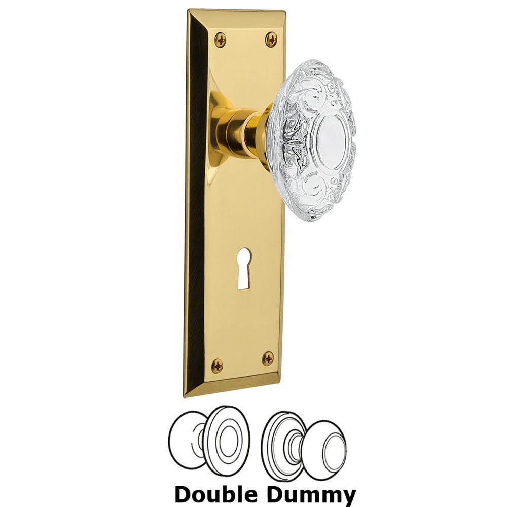 Double Dummy - New York Plate With Keyhole and Crystal Victorian Knob in Polished Brass