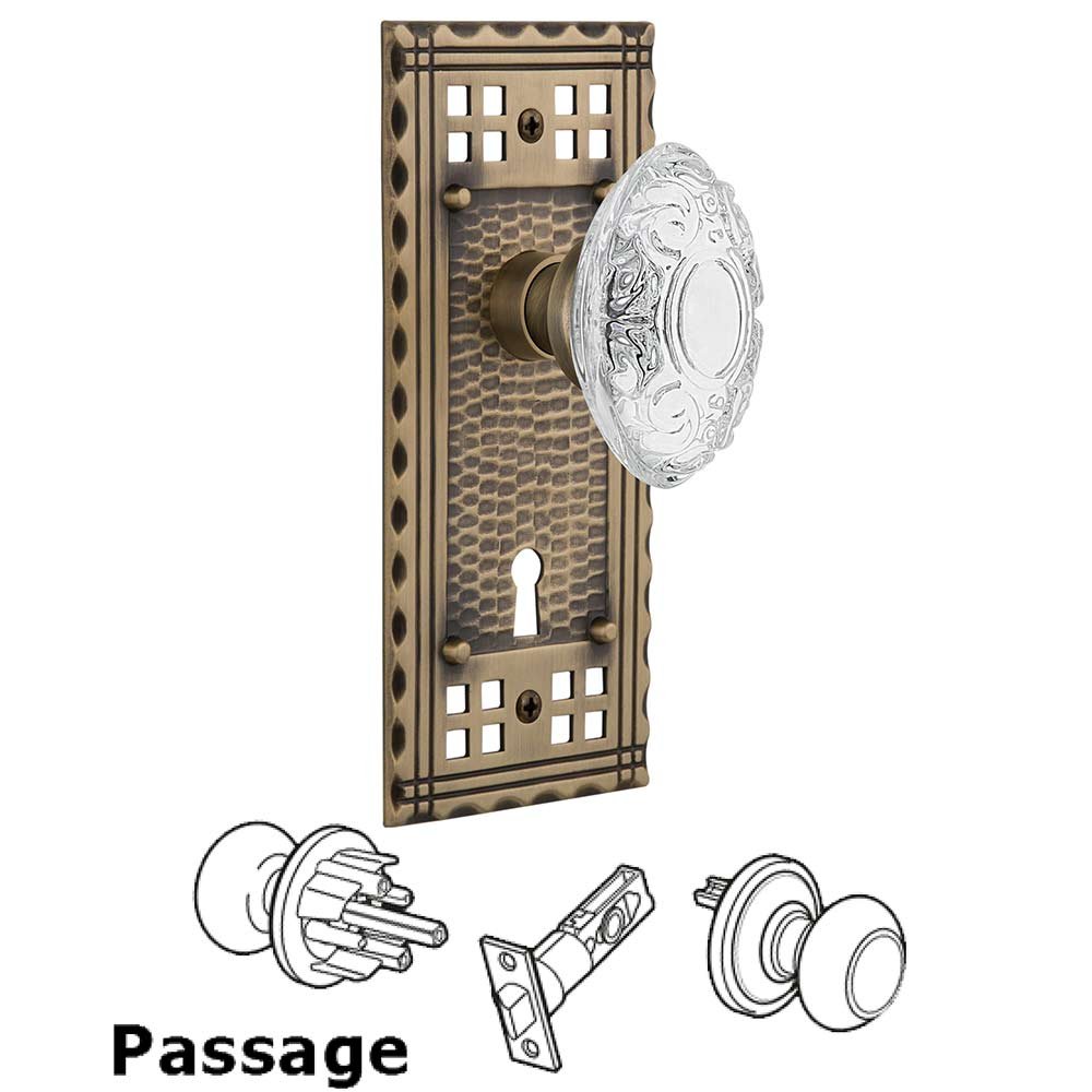 Passage - Craftsman Plate With Keyhole and Crystal Victorian Knob in Antique Brass