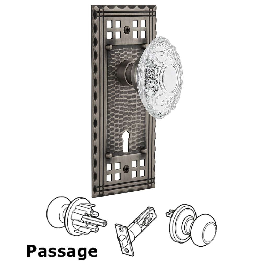 Passage - Craftsman Plate With Keyhole and Crystal Victorian Knob in Antique Pewter