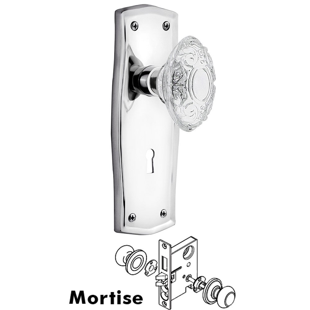Mortise - Prairie Plate With Crystal Victorian Knob in Bright Chrome