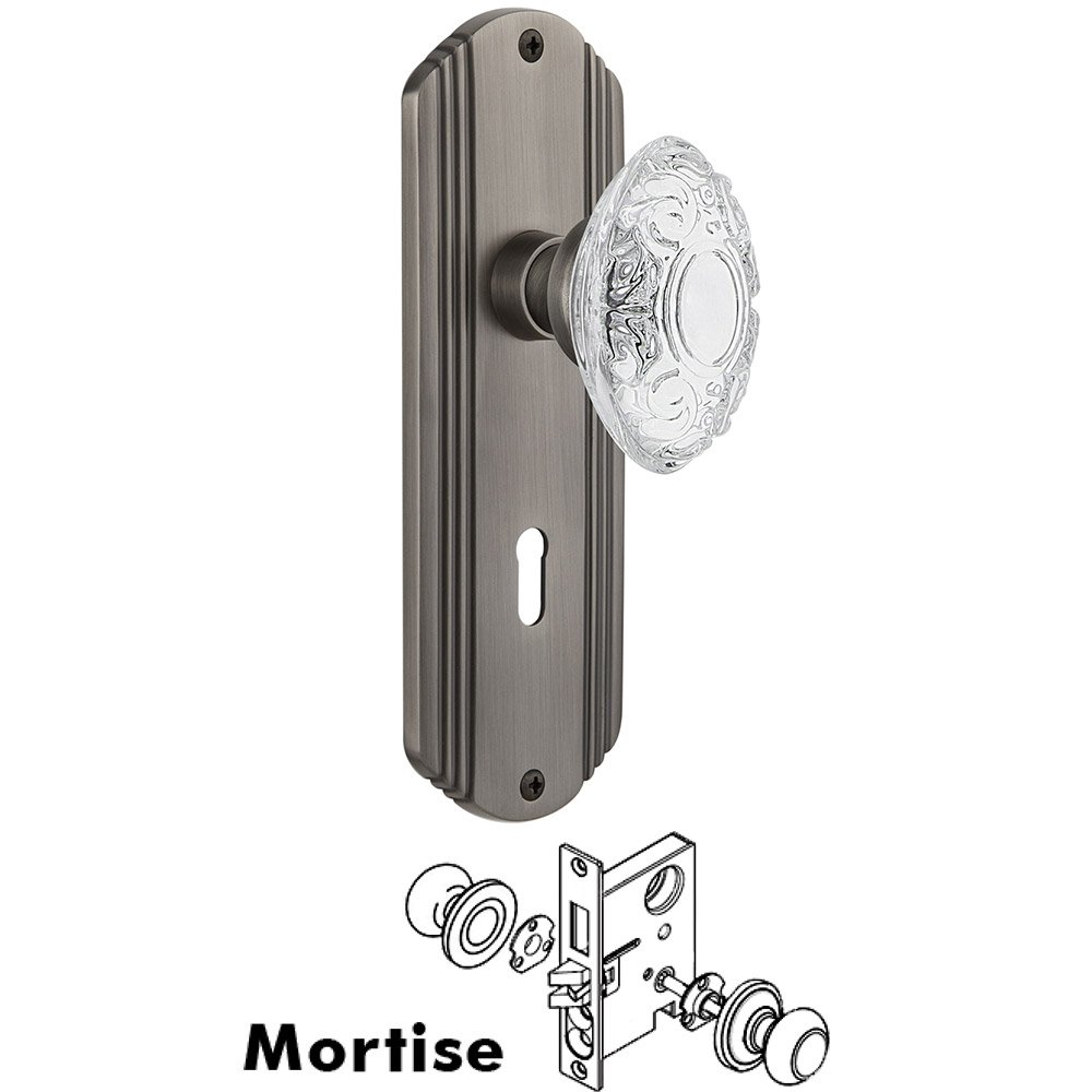 Mortise - Deco Plate With Crystal Victorian Knob in Antique Pewter