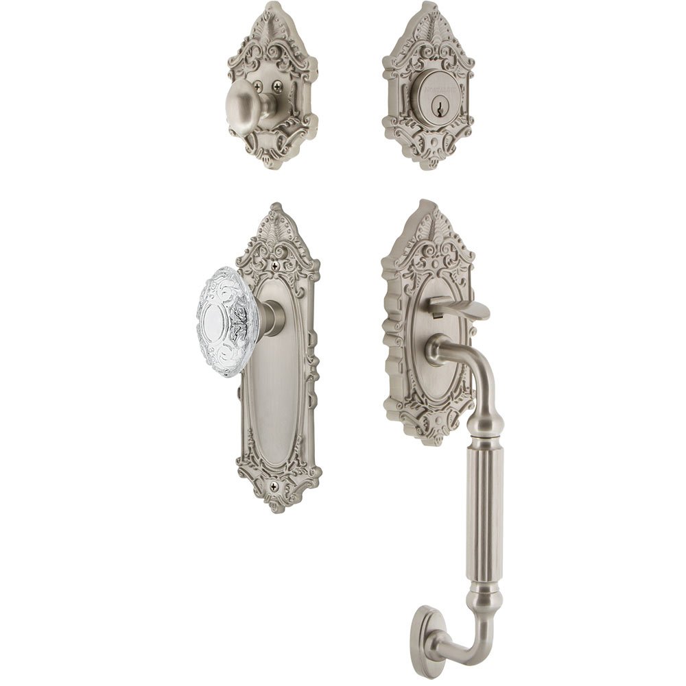 Victorian Plate With F Grip And Crystal Victorian Knob in Satin Nickel