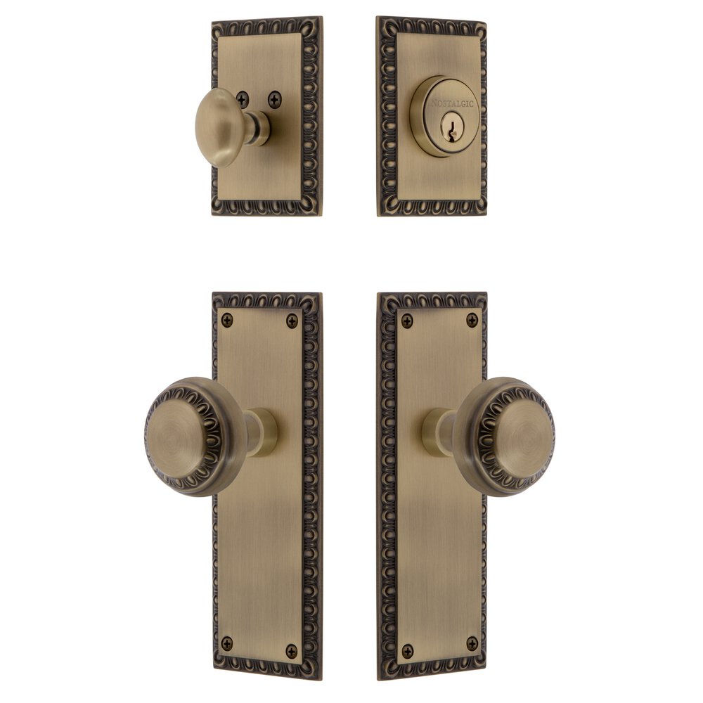 Neoclassical Plate Entry Set with Neoclassical Knob in Antique Brass