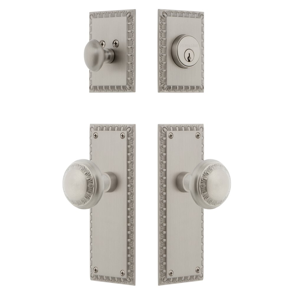 Neoclassical Plate Entry Set with Neoclassical Knob in Satin Nickel