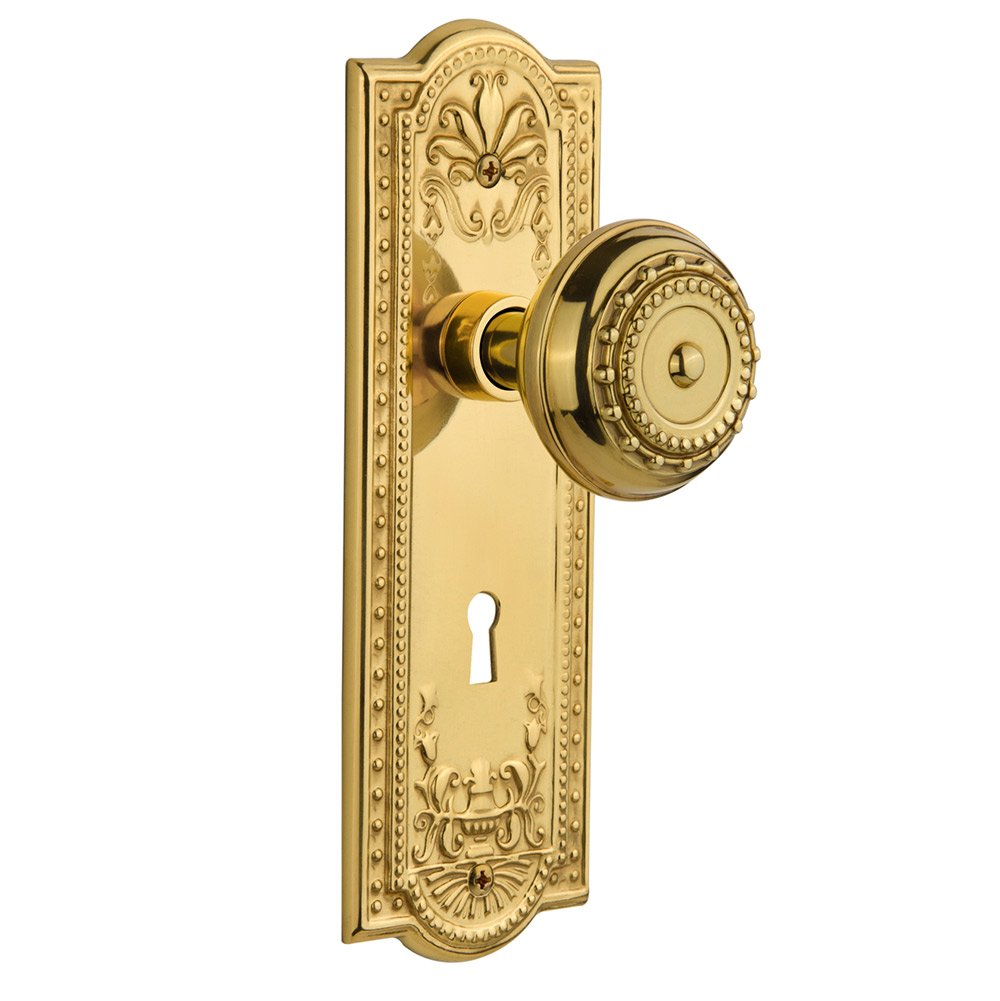 Passage Meadows Plate with Keyhole and Meadows Door Knob in Polished Brass