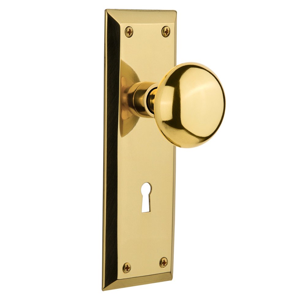 Single Dummy New York Plate with Keyhole and New York Door Knob in Polished Brass