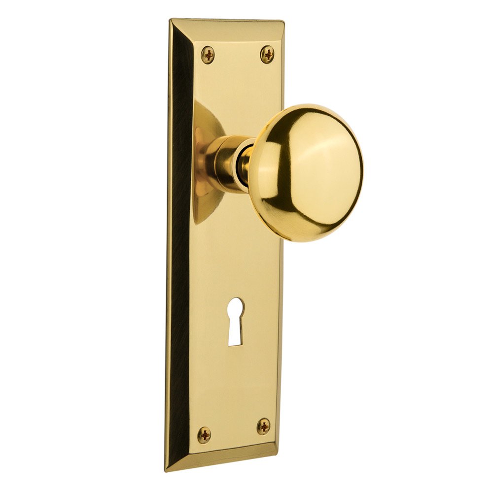 Interior Mortise New York Plate New York Door Knob in Polished Brass