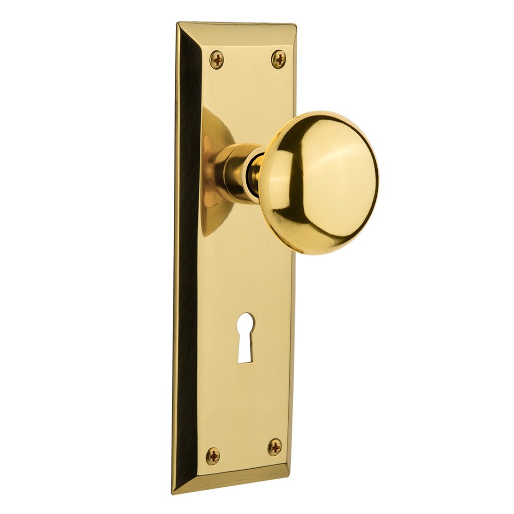 Privacy New York Plate with Keyhole and New York Door Knob in Polished Brass