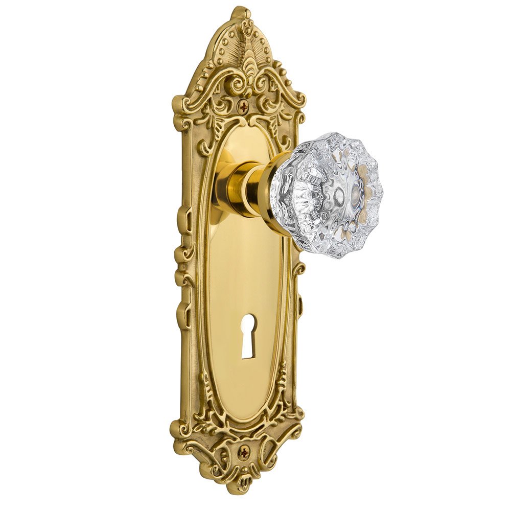 Single Dummy Victorian Plate with Keyhole and Crystal Glass Door Knob in Polished Brass