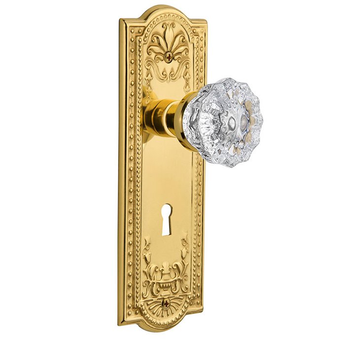 Interior Mortise Meadows Plate Crystal Glass Door Knob in Polished Brass