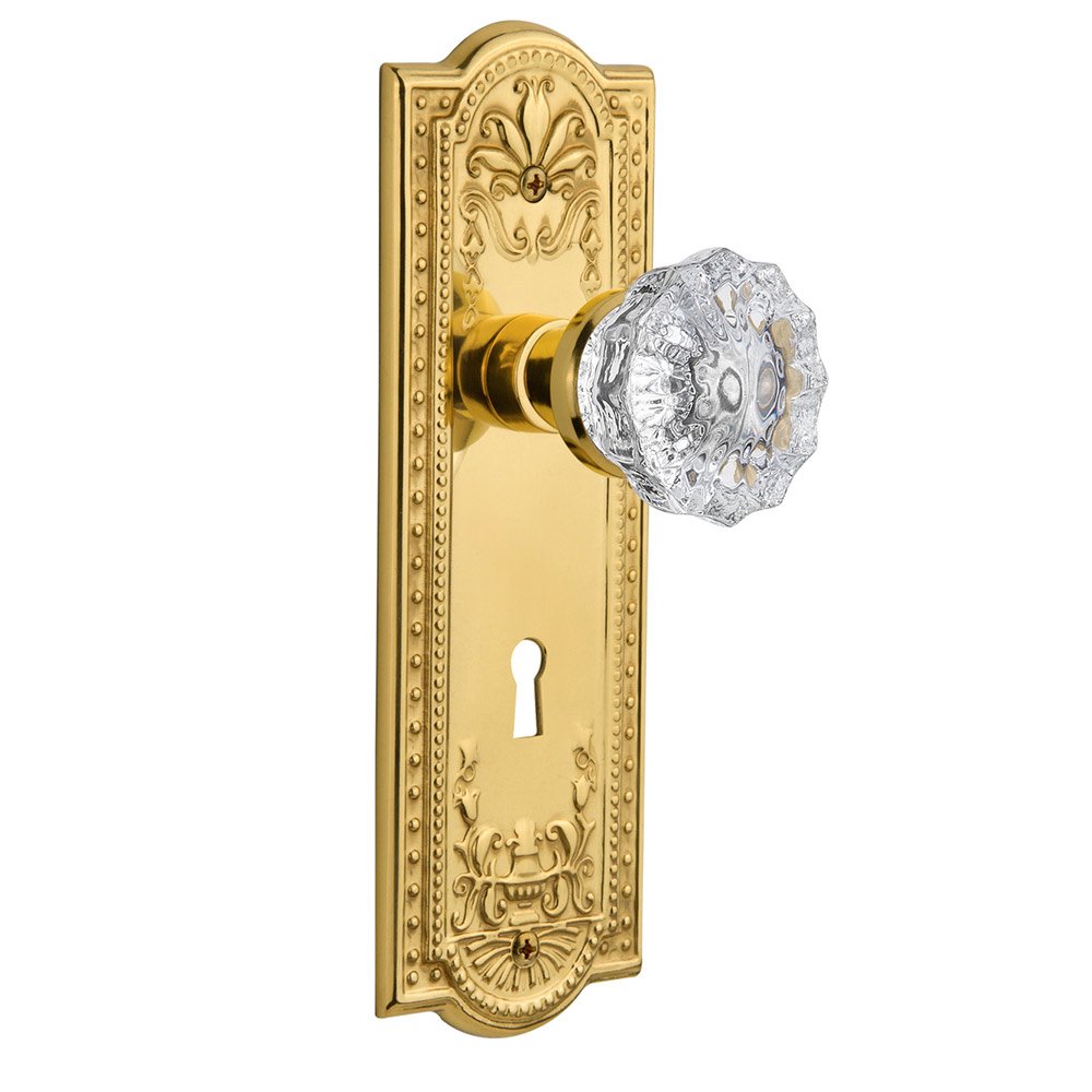 Privacy Meadows Plate with Keyhole and Crystal Glass Door Knob in Polished Brass