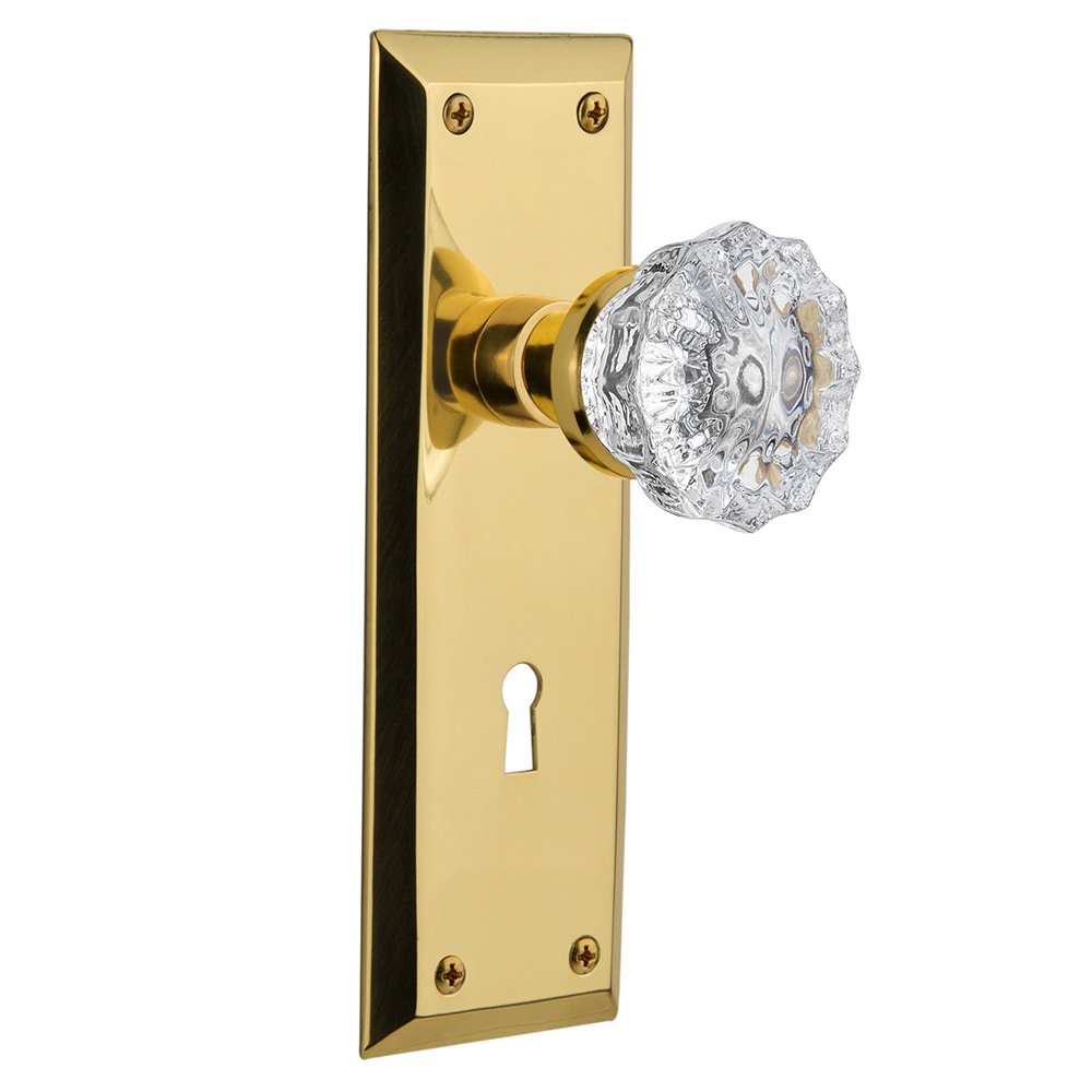 Double Dummy New York Plate with Keyhole and Crystal Glass Door Knob in Polished Brass