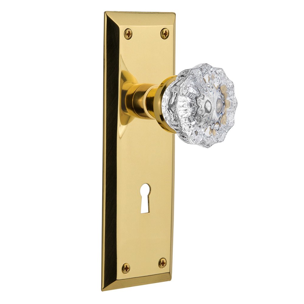 Interior Mortise New York Plate Crystal Glass Door Knob in Polished Brass