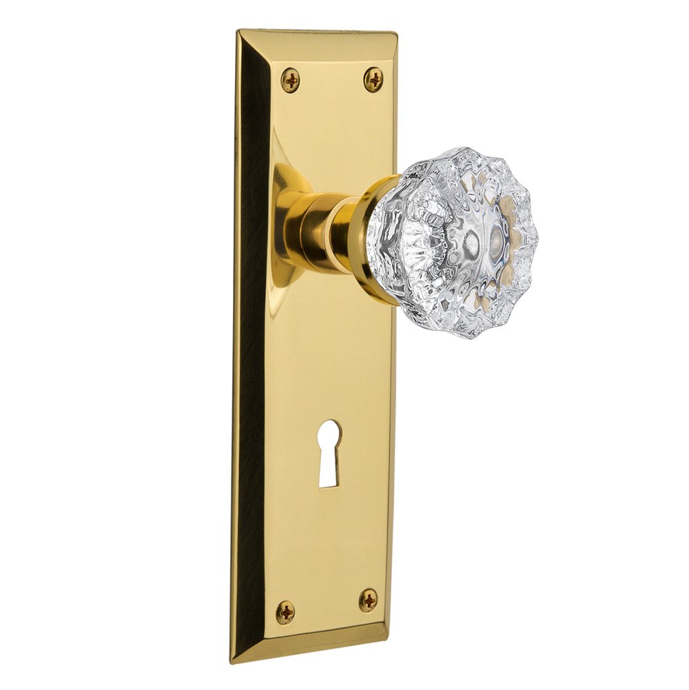 Privacy New York Plate with Keyhole and Crystal Glass Door Knob in Polished Brass