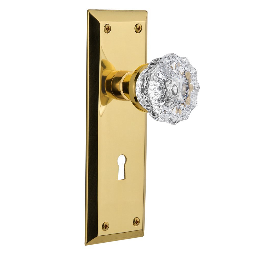 Passage New York Plate with Keyhole and Crystal Glass Door Knob in Polished Brass