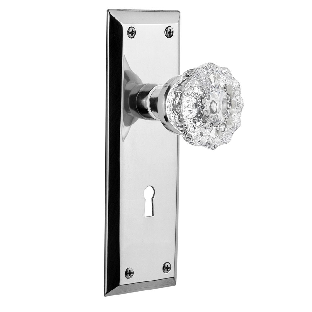 Single Dummy New York Plate with Keyhole and Crystal Glass Door Knob in Bright Chrome