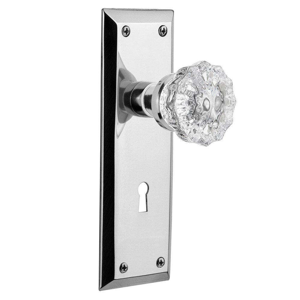 Double Dummy New York Plate with Keyhole and Crystal Glass Door Knob in Bright Chrome