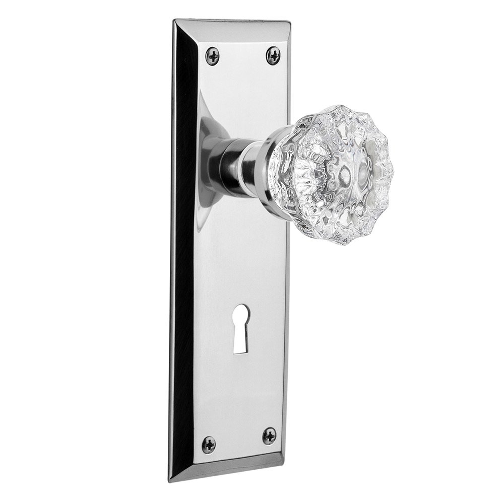 Interior Mortise New York Plate Crystal Glass Door Knob in Bright Chrome