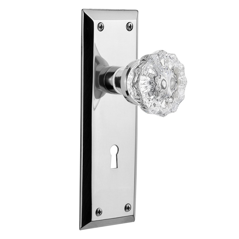 Passage New York Plate with Keyhole and Crystal Glass Door Knob in Bright Chrome