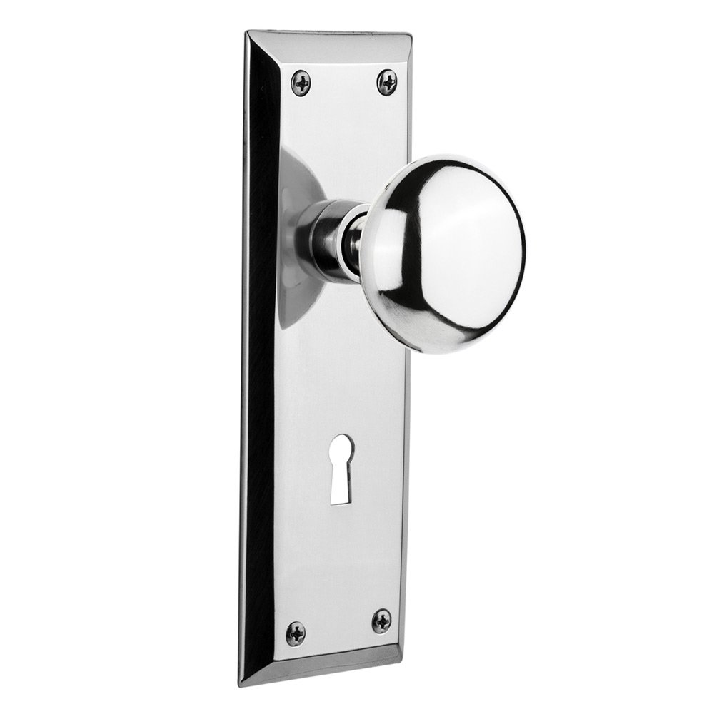 Privacy New York Plate with Keyhole and New York Door Knob in Bright Chrome
