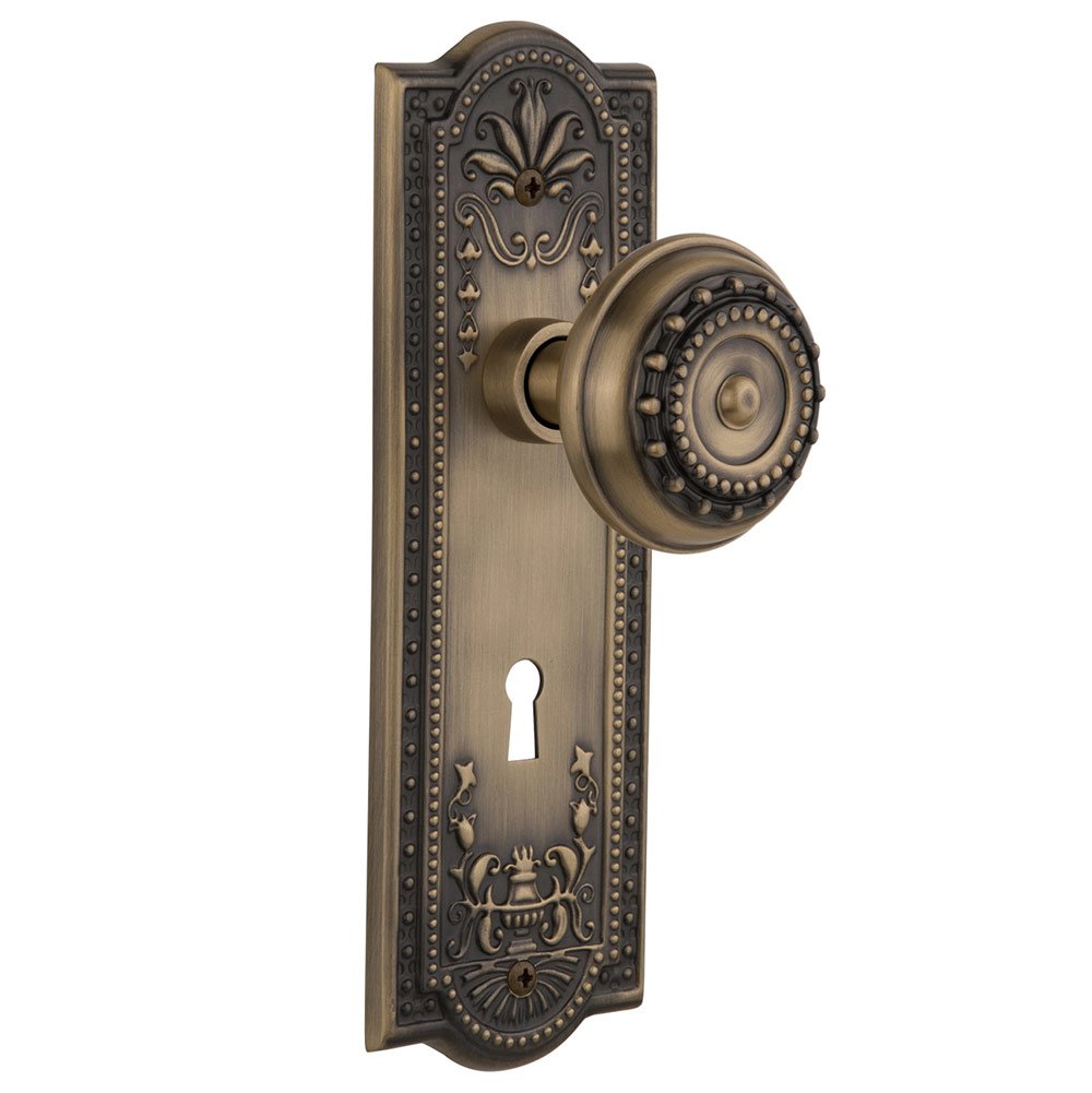 Single Dummy Meadows Plate with Keyhole and Meadows Door Knob in Antique Brass