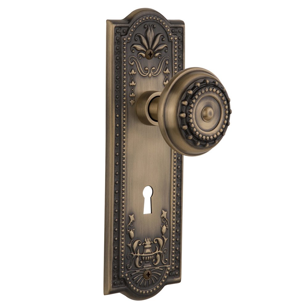 Double Dummy Meadows Plate with Keyhole and Meadows Door Knob in Antique Brass