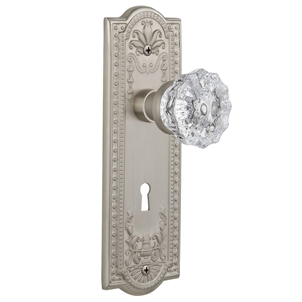 Single Dummy Meadows Plate with Keyhole and Crystal Glass Door Knob in Satin Nickel