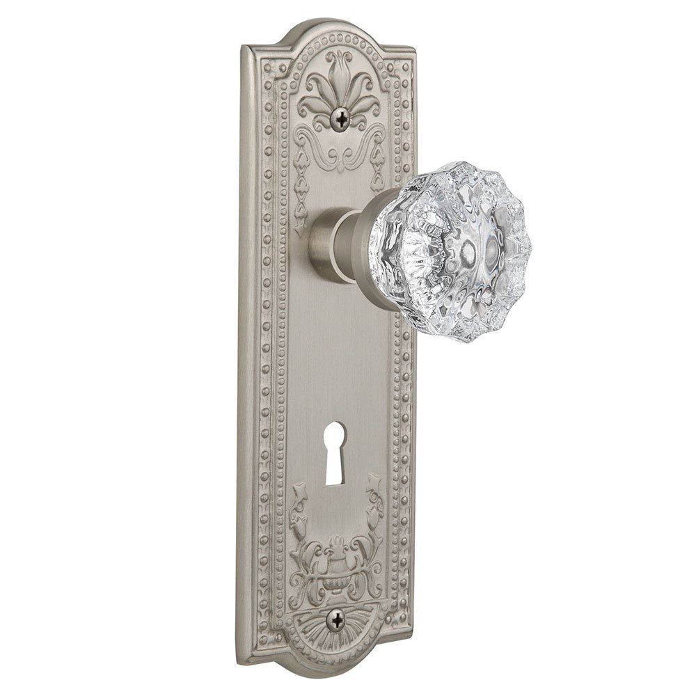 Double Dummy Meadows Plate with Keyhole and Crystal Glass Door Knob in Satin Nickel