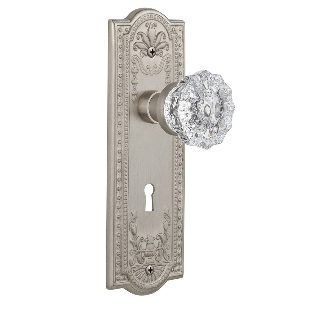 Privacy Meadows Plate with Keyhole and Crystal Glass Door Knob in Satin Nickel