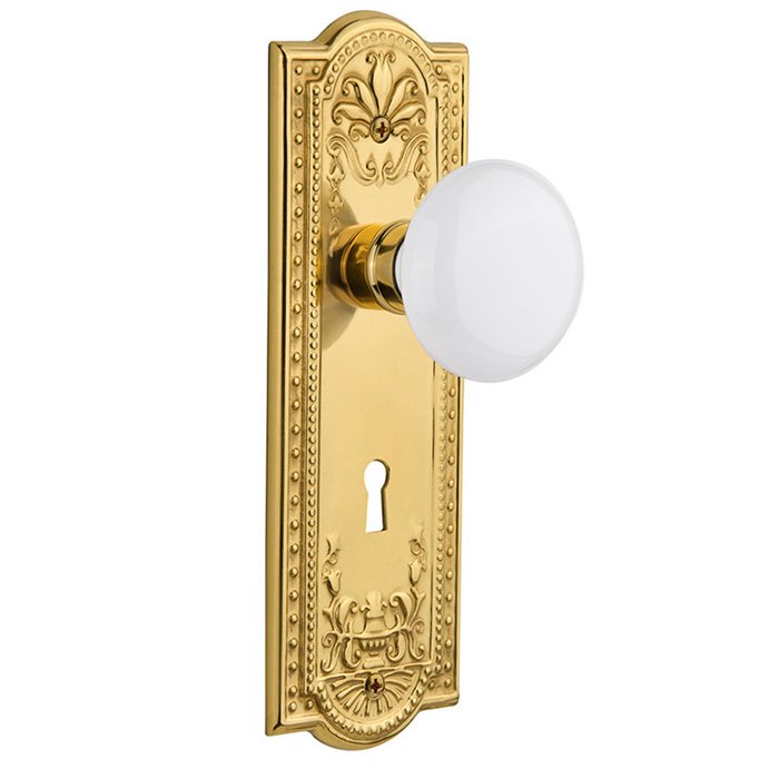 Interior Mortise Meadows Plate White Porcelain Door Knob in Polished Brass