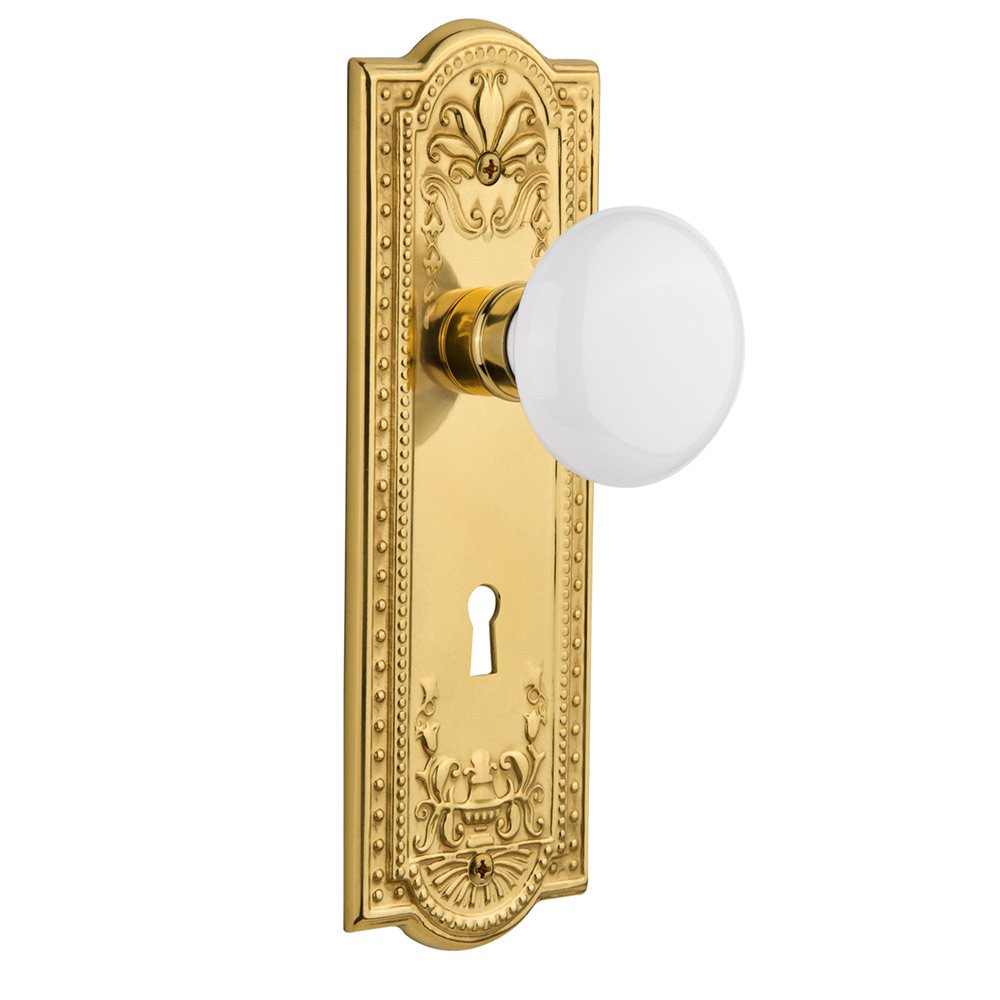 Privacy Meadows Plate with Keyhole and White Porcelain Door Knob in Polished Brass