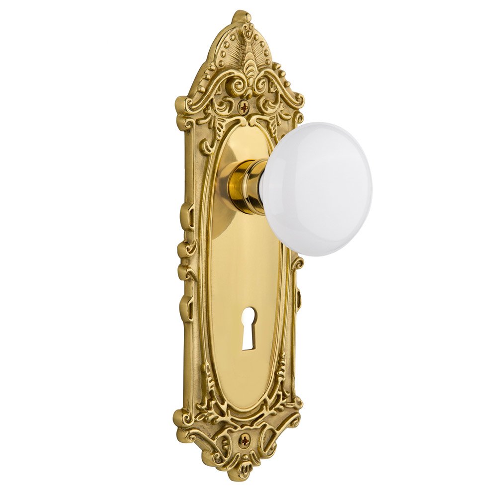 Interior Mortise Victorian Plate White Porcelain Door Knob in Polished Brass