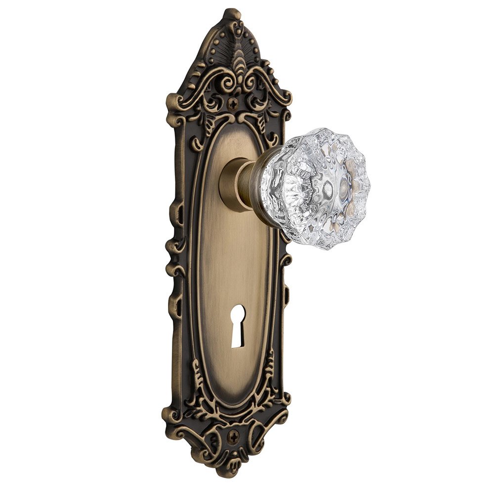 Single Dummy Victorian Plate with Keyhole and Crystal Glass Door Knob in Antique Brass