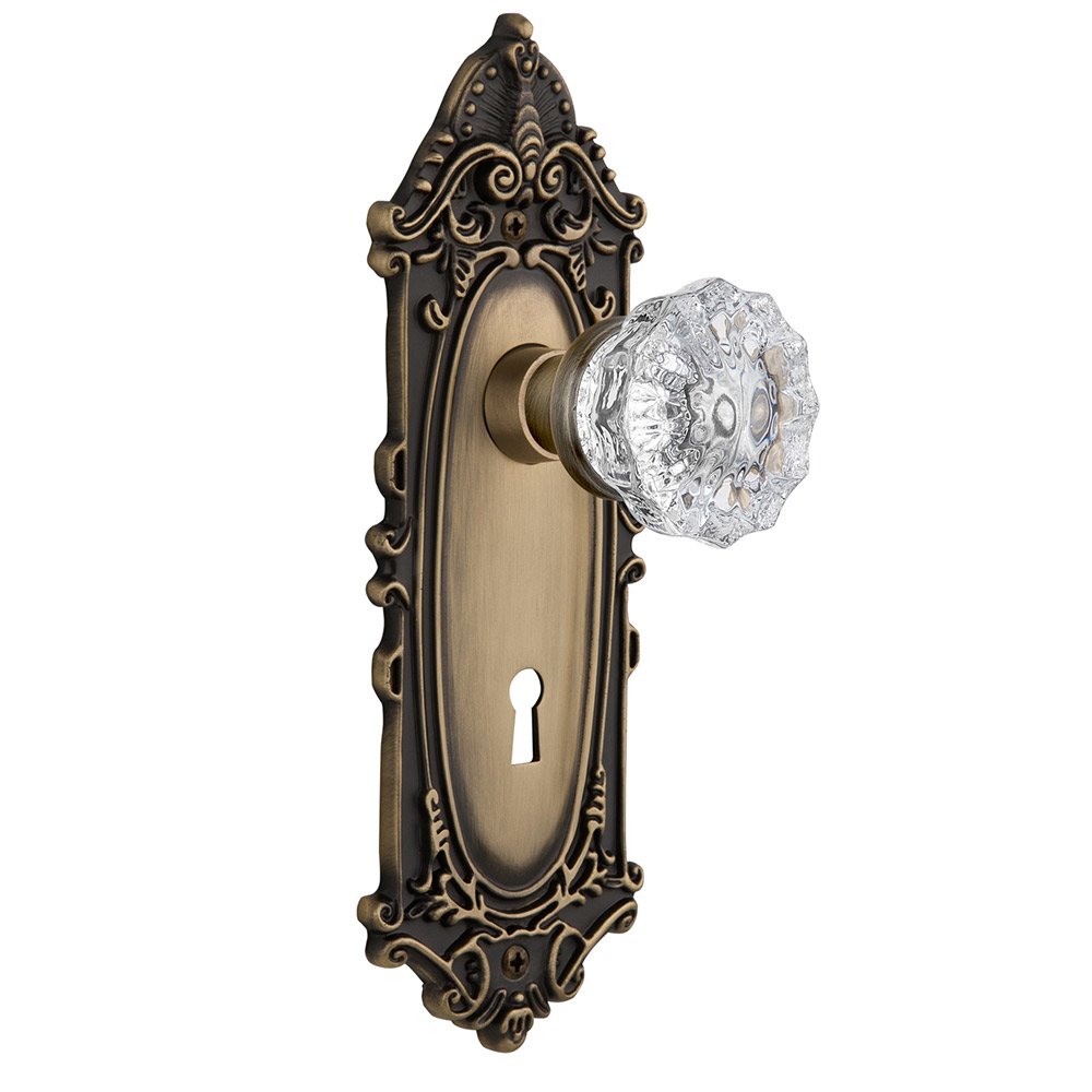 Double Dummy Victorian Plate with Keyhole and Crystal Glass Door Knob in Antique Brass