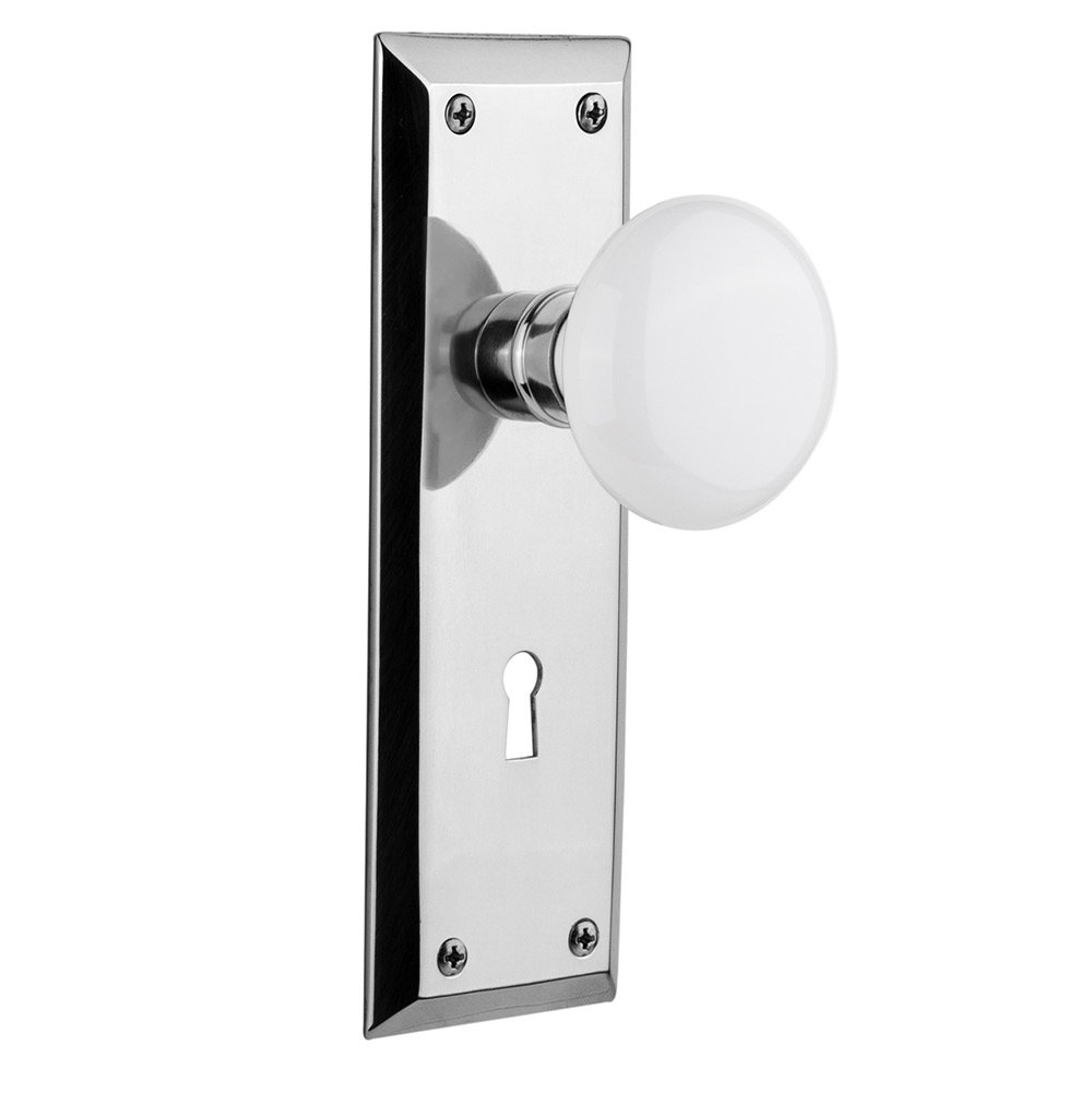 Single Dummy New York Plate with Keyhole and White Porcelain Door Knob in Bright Chrome